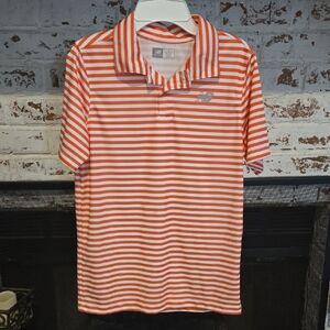 Coral and White Striped Polo Shirt
